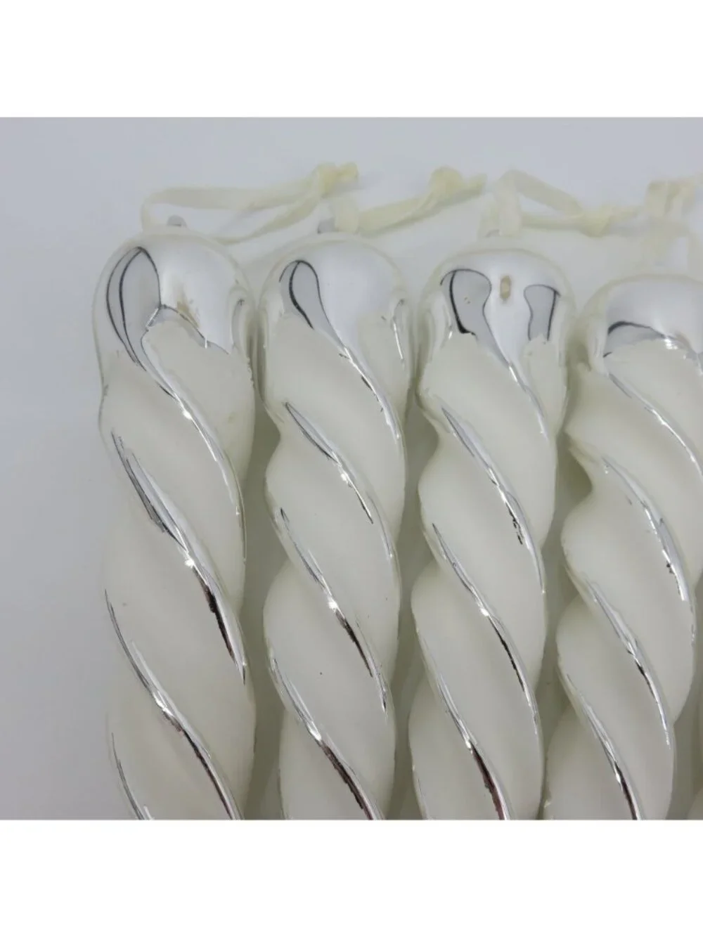 VTG Set of 6 Glass Ornaments 10.25in Mirrored Silver White Glitter Icicle Twist